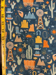 western cotton fabric with cacti stage coach boats 