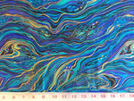 Abstract Marbling Metallic Gold Fabric Peacock Timeless Treasures
